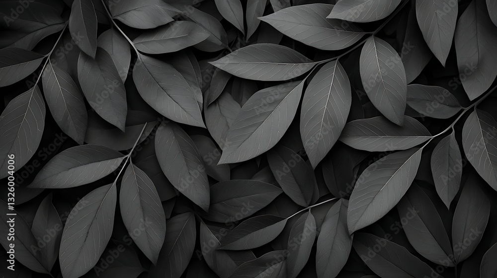 A monochromatic arrangement of overlapping leaves, showcasing a variety of shapes and textures against a dark background. A monochromatic arrangement of overlapping leaves, showcasing a variety of shapes and textures against a dark background.