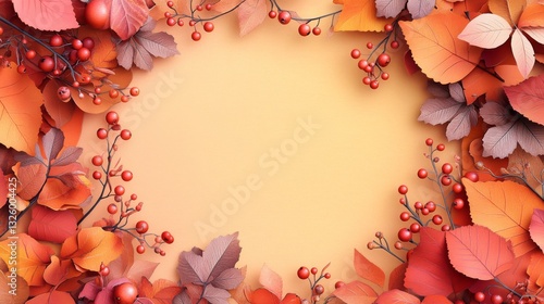 27.A decorative autumn-inspired frame with overlapping leaves in vibrant fall shades, accented with berries and elegant twigs. The soft gradient background enhances the intricate paper layers.