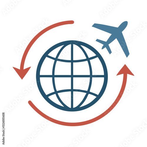 Airplane flying around globe with arrows