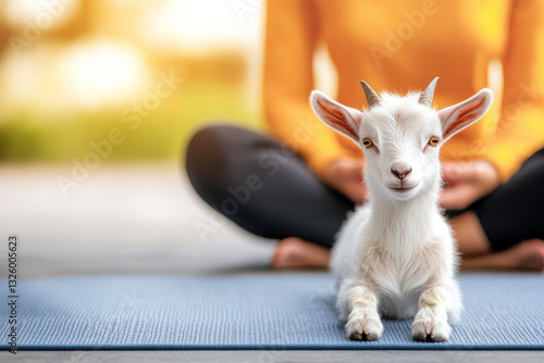 Yoga practice with yoga instructor and goat in meditation setting
