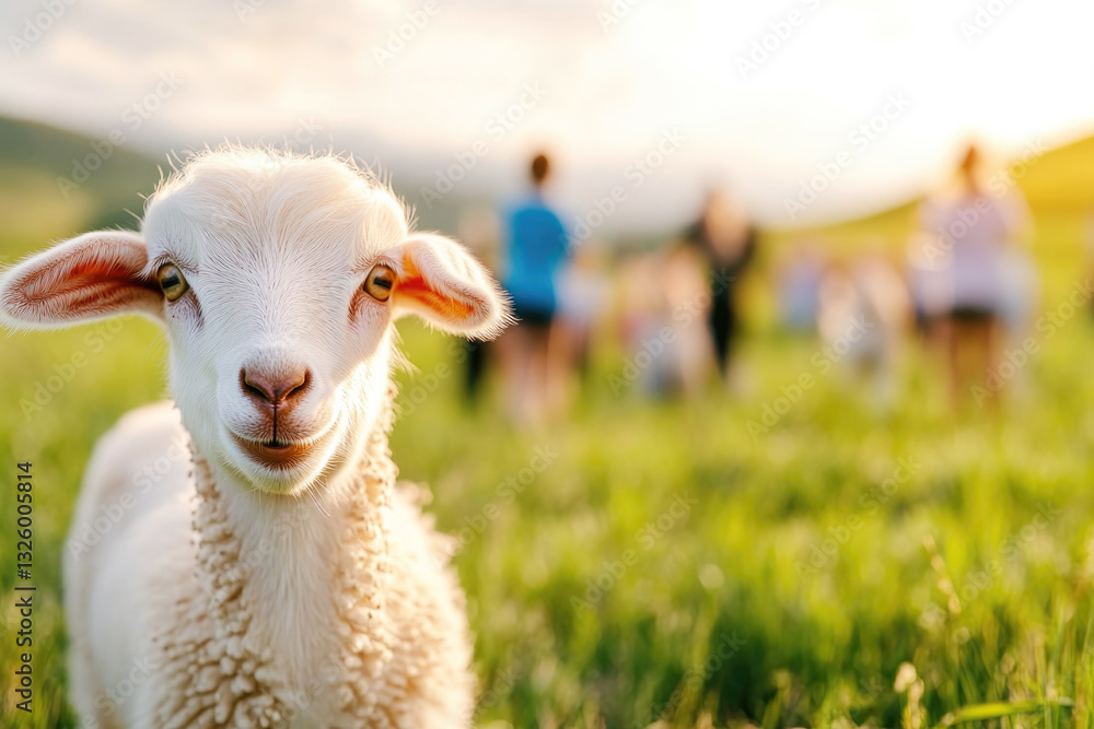 Fototapeta premium Group yoga practice in nature with curious lamb in foreground for wellness and outdoor activities