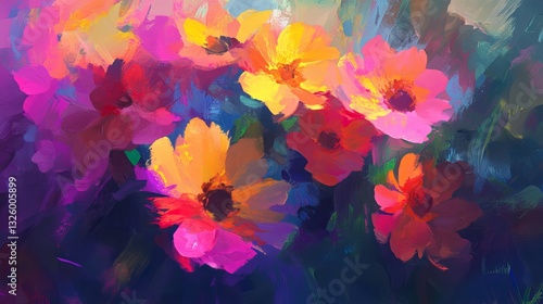 Vibrant oil painted floral artwork with bold colorful blooms on canvas
