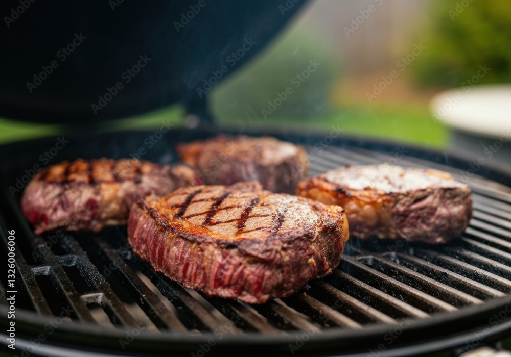Grilled steaks sizzling on a barbecue, showcasing perfect grill marks Grilled steaks sizzling on a barbecue, showcasing perfect grill marks