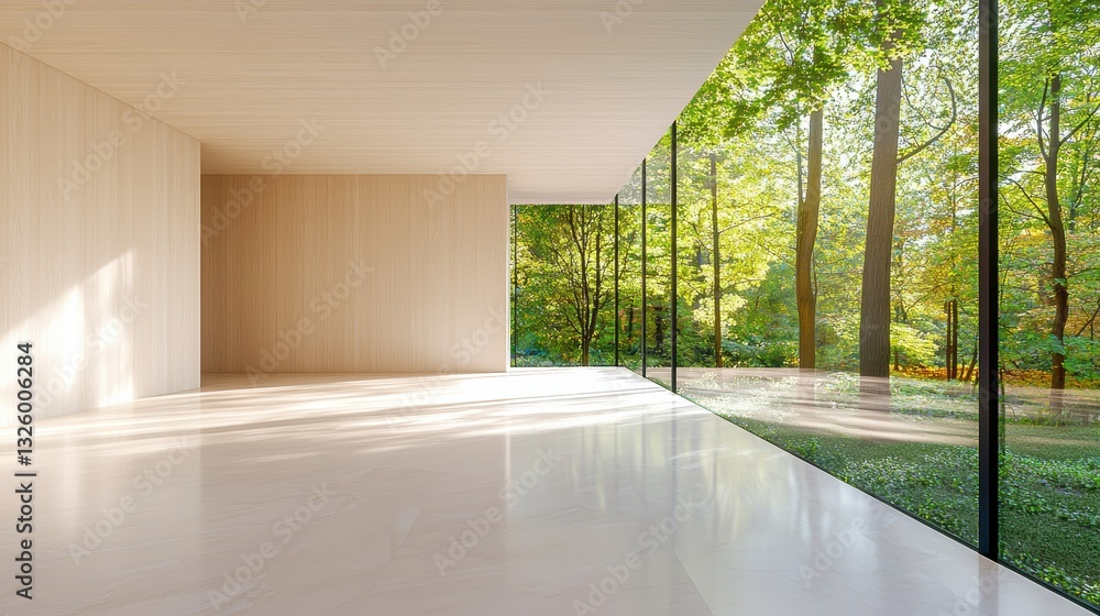 Fototapeta premium Modern Minimalist Beige Room Open plan minimalist room with beige walls, black accents, and large windows, emphasizing clean lines and natural light.