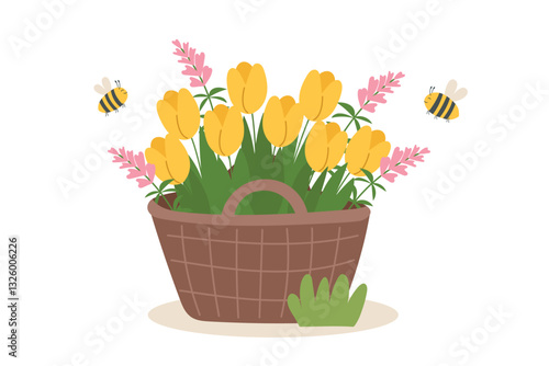 Spring and gardening concept banner. Basket with yellow flowers in it and bees around on white background. Vector hand drawn illustration.
