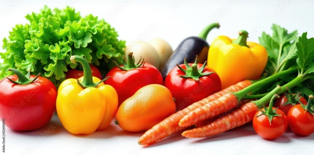 Vibrant assorted vegetables, pristine white backdrop, carrot, radish, vegan Vibrant assorted vegetables, pristine white backdrop, carrot, radish, vegan