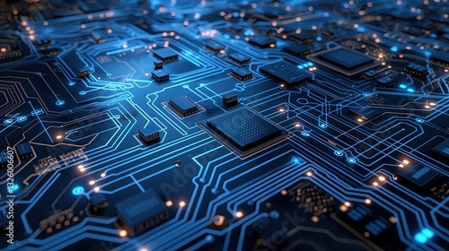 High-tech circuit board background with intricate electronic components, glowing microchips, and complex digital pathways, symbolizing modern electronics and technological evolution.