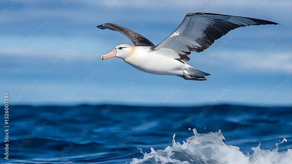 A seabird flying over the ocean, characterized by its large wingspan and distinctive beak. Concept Seabird Identification, Oceanic Habitat, Wingspan Adaptations, Distinctive Beak Functionality A seabird flying over the ocean, characterized by its large wingspan and distinctive beak. Concept Seabird Identification, Oceanic Habitat, Wingspan Adaptations, Distinctive Beak Functionality