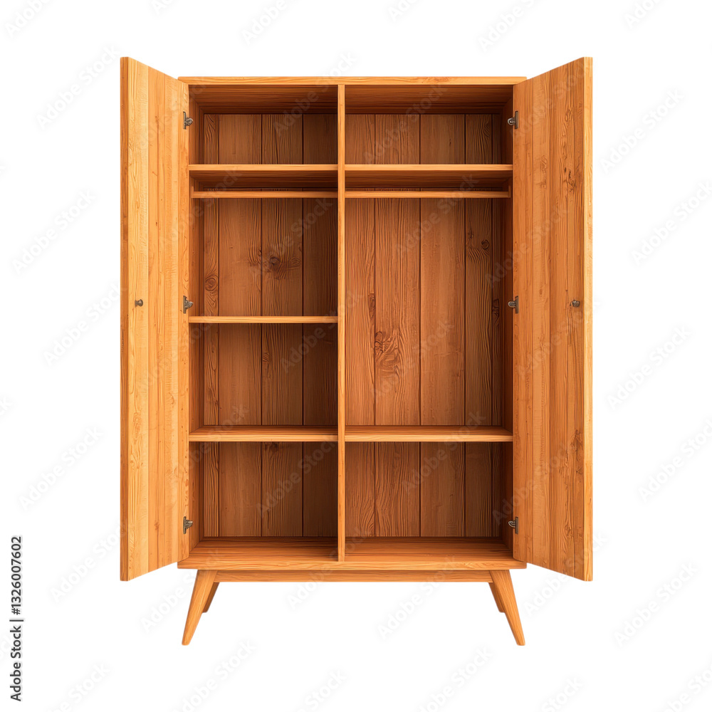 Open wooden wardrobe with shelves and a hanging rod, isolated on black. Concept of furniture, storage, and organization. Open wooden wardrobe with shelves and a hanging rod, isolated on black. Concept of furniture, storage, and organization.