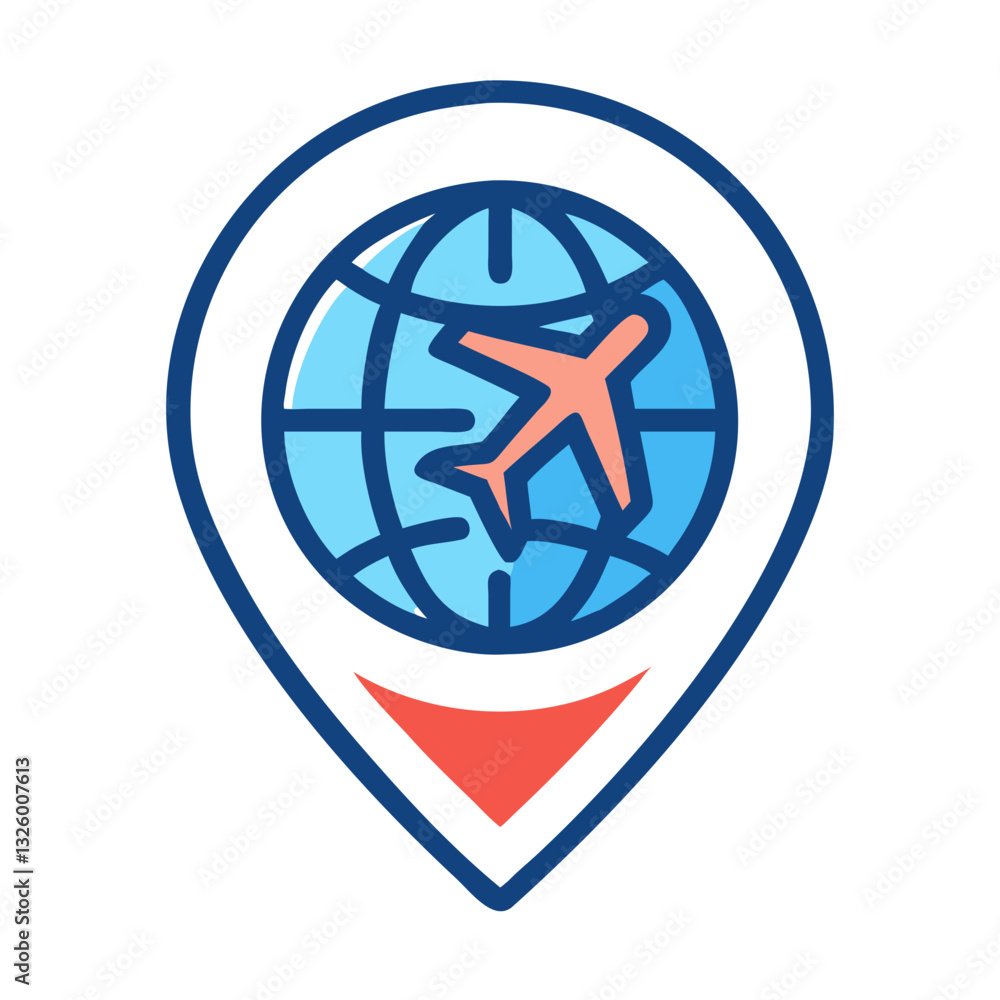 Travel location pin with airplane and globe Travel location pin with airplane and globe