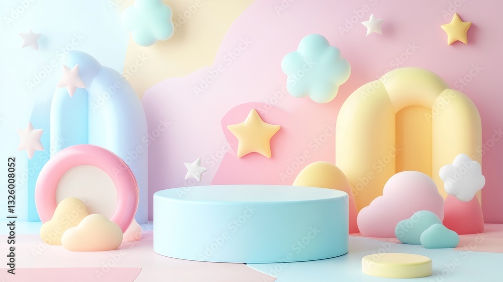 68.A playful podium with rounded edges in pastel tones, surrounded by colorful floating elements such as stars, clouds, and geometric shapes. The background includes soft gradients in light pink, 68.A playful podium with rounded edges in pastel tones, surrounded by colorful floating elements such as stars, clouds, and geometric shapes. The background includes soft gradients in light pink,