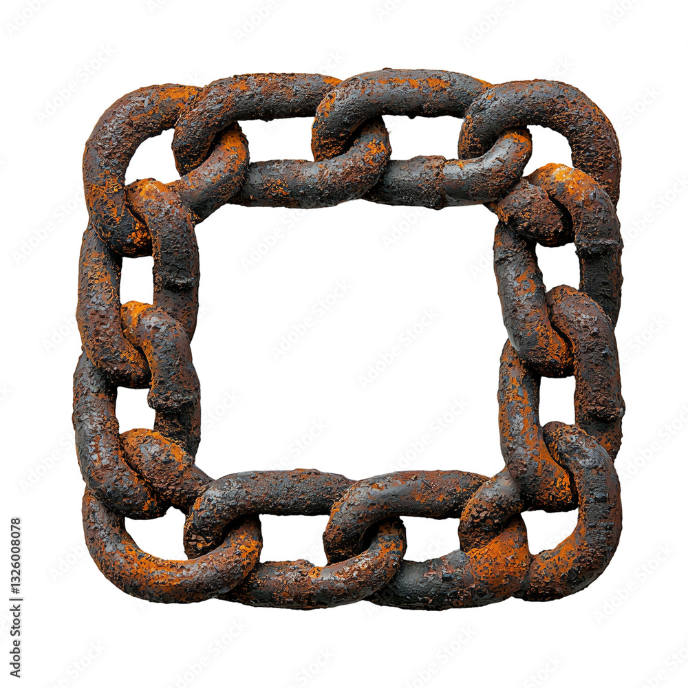 Fototapeta premium Rusty chain square with a weathered and aged metal surface, isolated on transparent bckground 