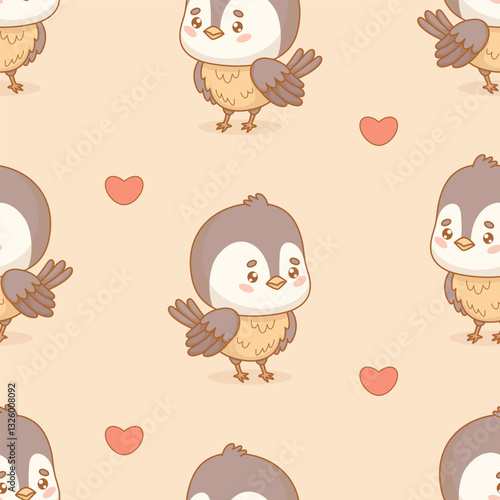 Seamless pattern. Cute little bird tit on beige background with hearts. Funny kawaii character chickadee template. Vector illustration. Kids collection