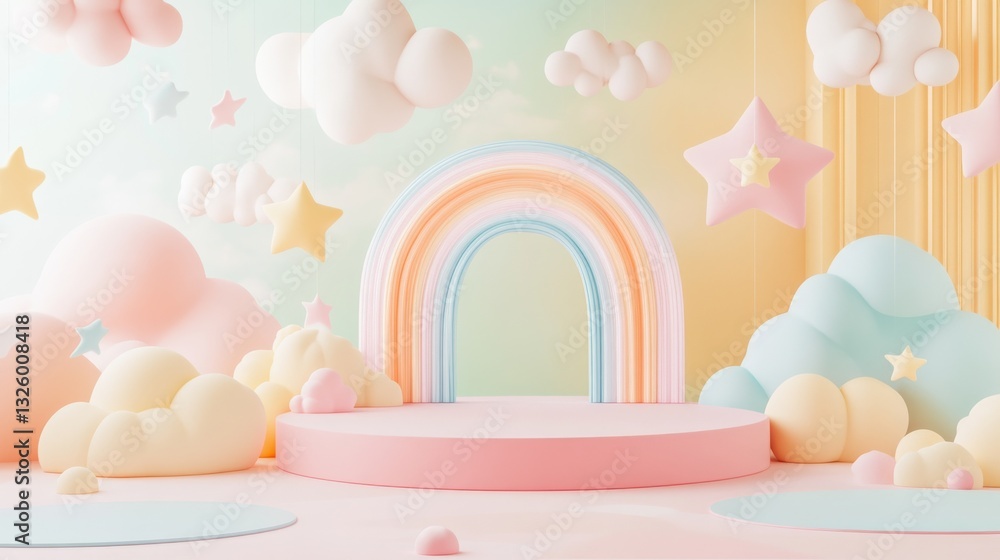 72.A simple, pastel-themed podium with childlike decorations, including cheerful stars, rainbows, and soft floating shapes. The background transitions smoothly between warm pastel tones, creating a 72.A simple, pastel-themed podium with childlike decorations, including cheerful stars, rainbows, and soft floating shapes. The background transitions smoothly between warm pastel tones, creating a