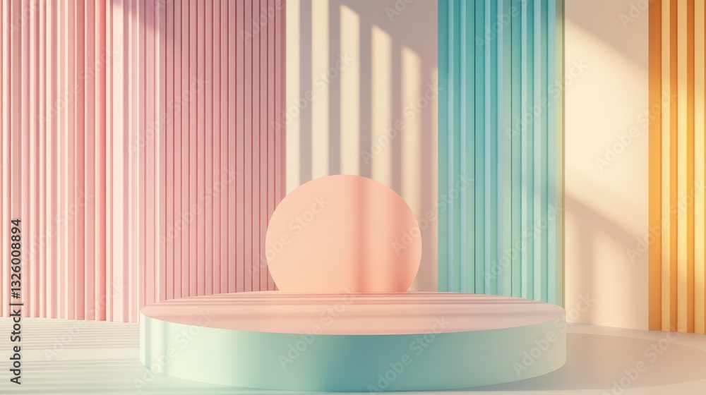 78.A geometric podium in pastel colors, with a clean and abstract background in complementary shades. Subtle lighting and shadows create depth while maintaining a playful yet sophisticated feel. 78.A geometric podium in pastel colors, with a clean and abstract background in complementary shades. Subtle lighting and shadows create depth while maintaining a playful yet sophisticated feel.