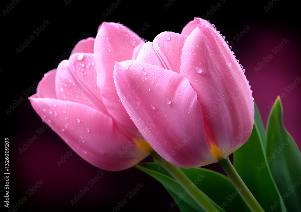Fototapeta premium a bunch of pink tulips with green leaves, dewdrops on the petals,