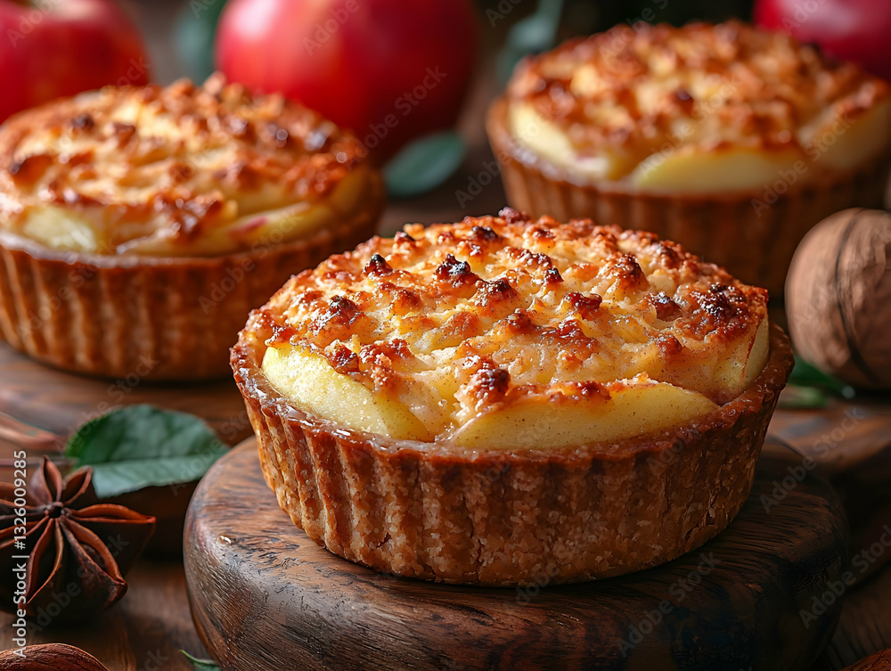 Delicious Apple Tartlets with Crumble Topping, Baked to Golden Perfection on Wooden Board Delicious Apple Tartlets with Crumble Topping, Baked to Golden Perfection on Wooden Board