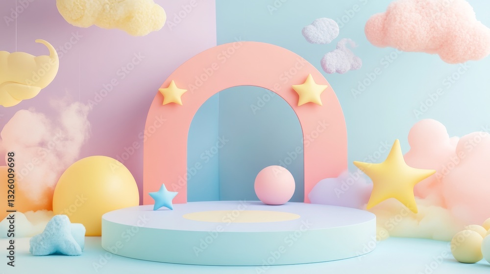 88.A vibrant podium designed for kids, with colorful pastel tones and playful shapes like stars and clouds floating around. The background has a soft and dreamy gradient, enhancing the friendly 88.A vibrant podium designed for kids, with colorful pastel tones and playful shapes like stars and clouds floating around. The background has a soft and dreamy gradient, enhancing the friendly