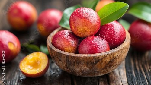 Fresh camu camu fruit in wooden bowl with water droplets