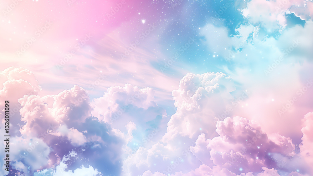 Magical pastel sky with fluffy clouds, sprinkled with tiny stars Magical pastel sky with fluffy clouds, sprinkled with tiny stars