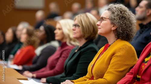 A focused group of women seated in a formal setting, attentively listening, showcasing a range of hairstyles and colorful clothing.