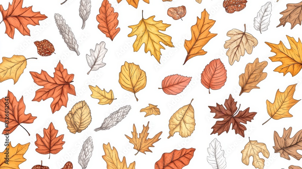 Fototapeta premium 116.A hand-drawn collection of autumn leaves, including maple, oak, and birch, illustrated with intricate doodle details. The leaves are in warm tones of orange, yellow, and brown, arranged on a