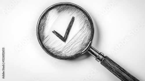 Intimate detail of a monochrome sketch featuring a magnifying glass, highlighted by an artfully angled central checkmark, inviting inspection and intrigue photo