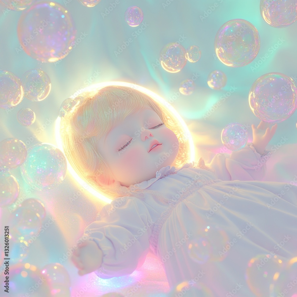 Fototapeta premium Dreamy slumber, A serene doll cradled in a bubble-filled pastel paradise