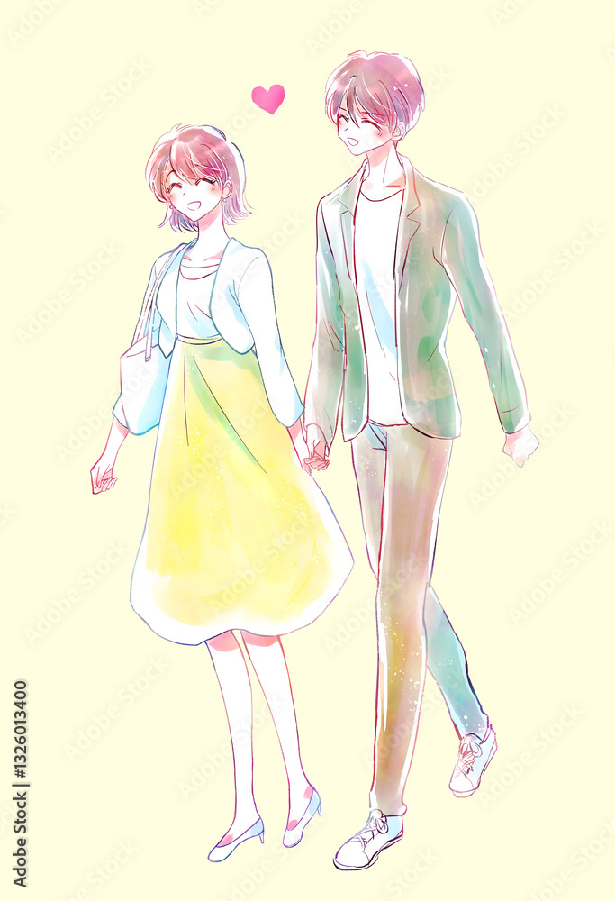 手を繋いで歩く男女　春