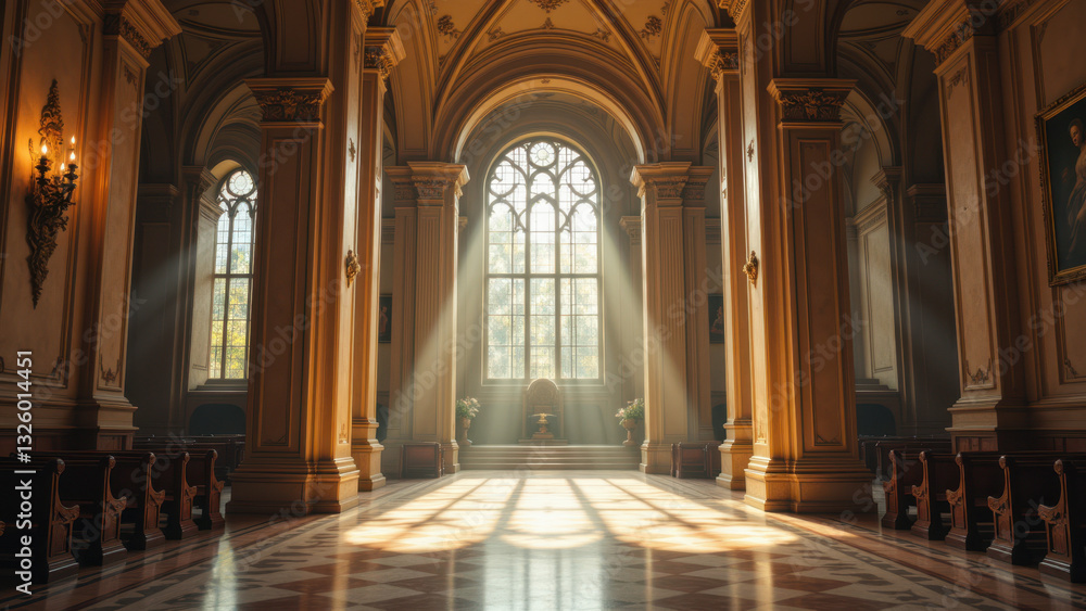 Fototapeta premium A serene church interior with natural light streaming through a stained glass window.
