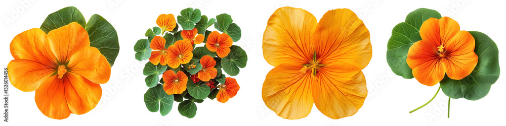 Nasturtium flowers isolated on transparent background, PNG, Set of Nasturtium flowers isolated on transparent background, PNG, Set of