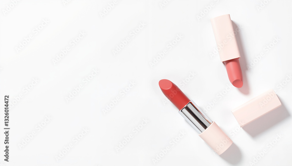 Two red lipsticks on minimalist light background, one open and one closed, elegant cosmetic layout Two red lipsticks on minimalist light background, one open and one closed, elegant cosmetic layout