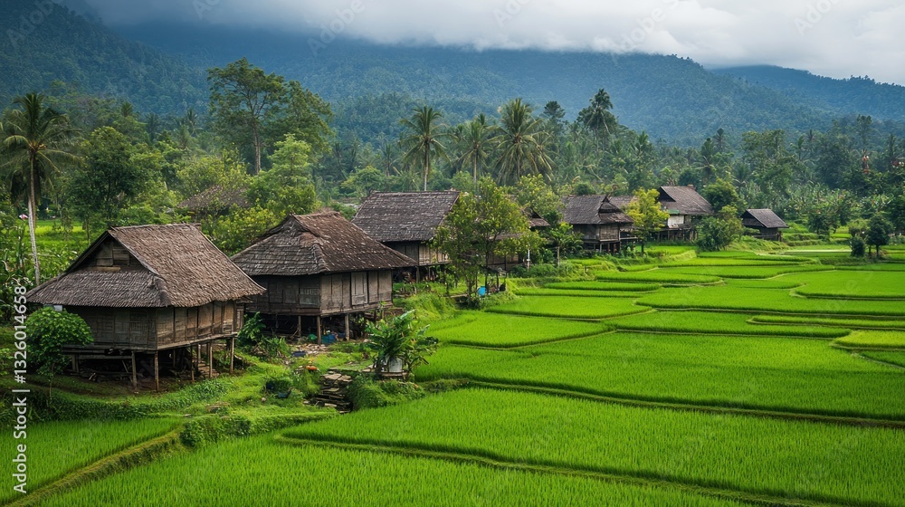Picturesque rural village nestled amidst vibrant rice terraces and lush greenery Picturesque rural village nestled amidst vibrant rice terraces and lush greenery