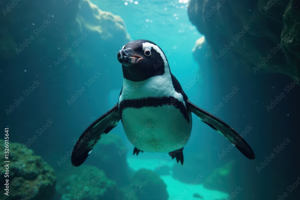Naklejka premium Humboldt penguin swimming underwater, close-up, water, wildlife photography