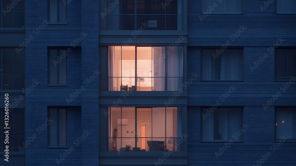 Illuminated Apartment Windows at Night in a Modern Brick Building Illuminated Apartment Windows at Night in a Modern Brick Building