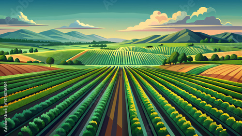 Vast expanse of lush green agricultural fields with neatly aligned rows of crops under an overcast sky, emphasizing precision farming and rural landscape aesthetics.