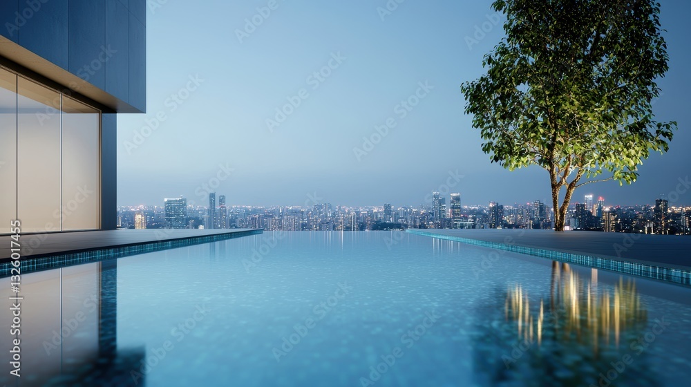 Naklejka premium Modern Rooftop Pools Evening view of a rooftop pool with city lights twinkling in the background, creating a glamorous and sophisticated ambiance.