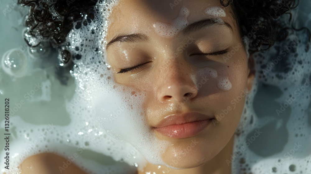 Serene Young Woman Relaxing In A Bubble Bath Close Up Portrait Serene Young Woman Relaxing In A Bubble Bath Close Up Portrait