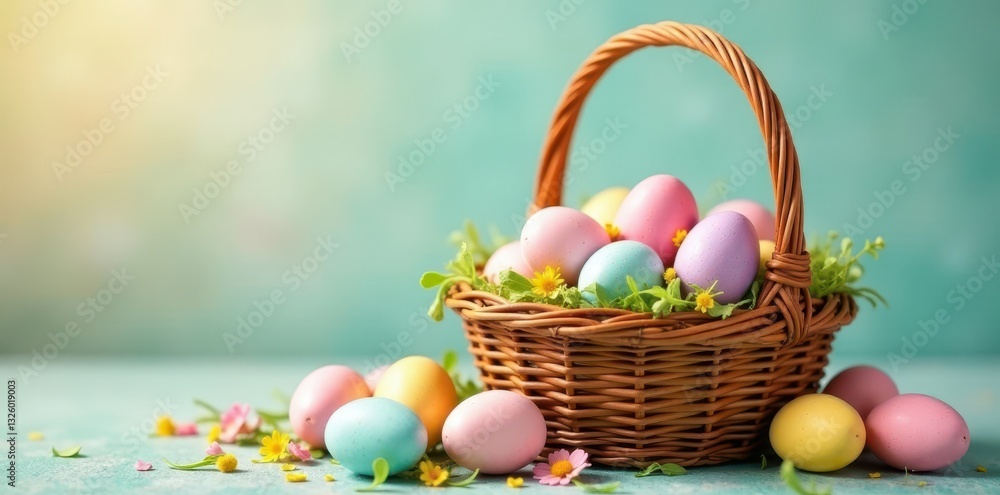 Naklejka premium Wicker basket overflowing with pastel-colored eggs , tradition, joy