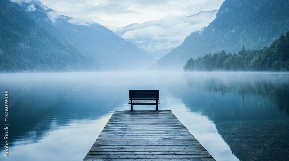 Naklejka premium A quiet lakeside pier with a single wooden chair, surrounded by misty mountains, pure serenity and mindfulness