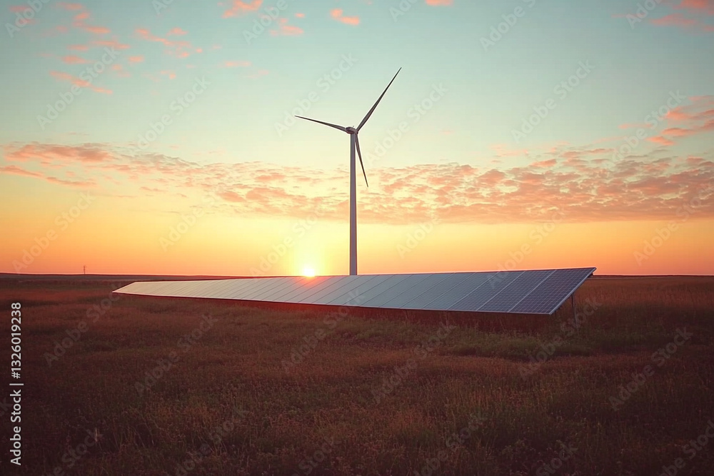 Obraz premium clean energy concept, Solar power plant and wind turbines at beautiful sunset background.