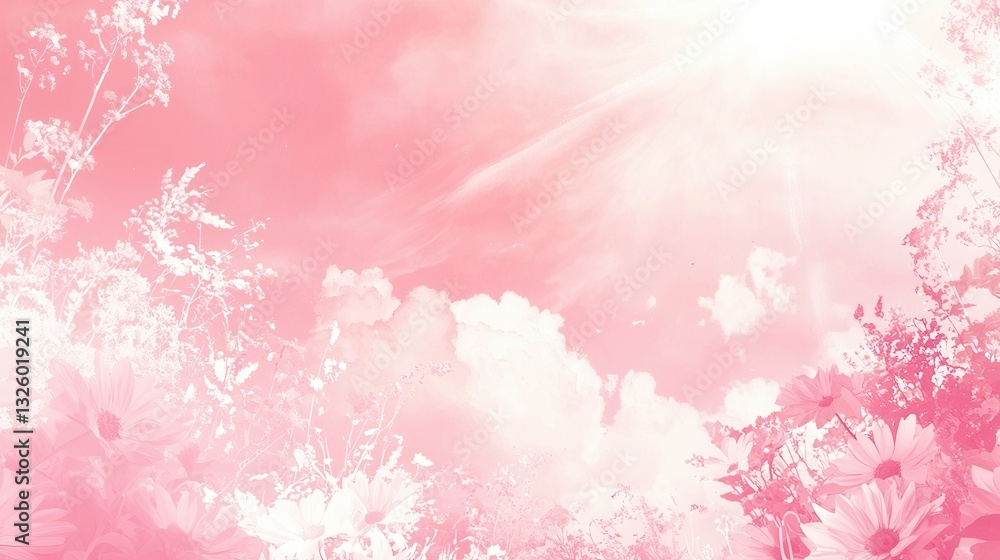 Dreamy Pink Sky with Blooming Flowers and Soft Clouds Dreamy Pink Sky with Blooming Flowers and Soft Clouds