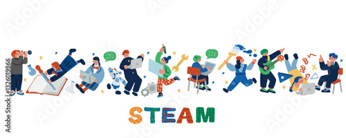 STEAM教育の文字と学生のポップでフラットなイラスト
