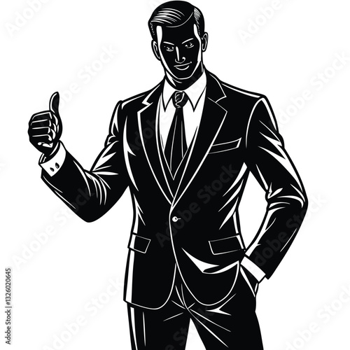 A silhouette of a man in an elegant, tailored suit with a slim physique, standing tall with a confident posture.  