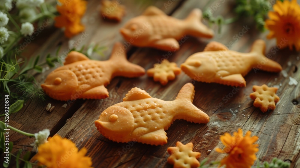Fototapeta premium Goldfish Crackers: These fish-shaped crackers are baked to a perfect crunch, lightly salted, and come in a fun orange color, making them a popular snack choice.