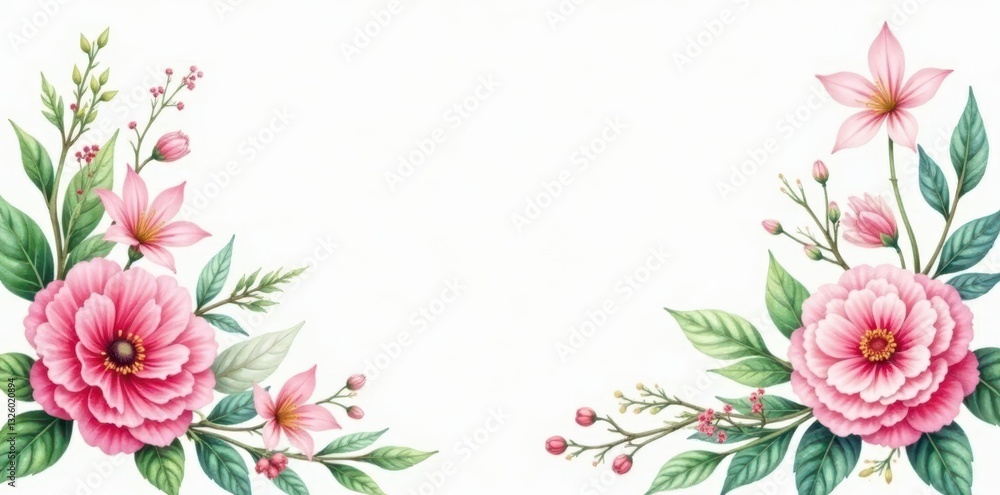 Naklejka premium Delicate pink & green watercolor floral bouquets, lush blooms , tulip, lily