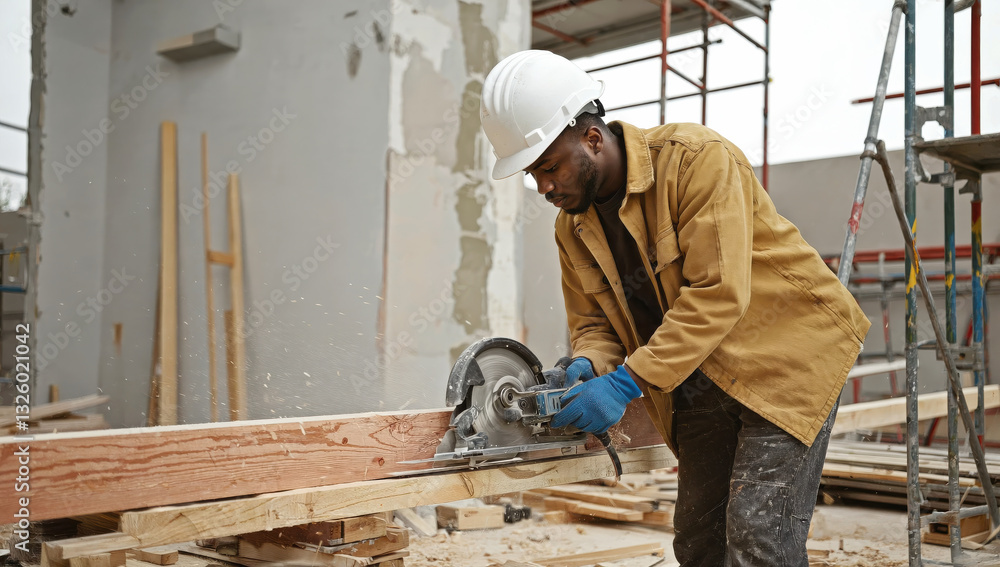 A construction worker focuses intently as he operates a circular saw, cutting through wooden planks at a construction site. Surrounding him are tools and materials scattered about