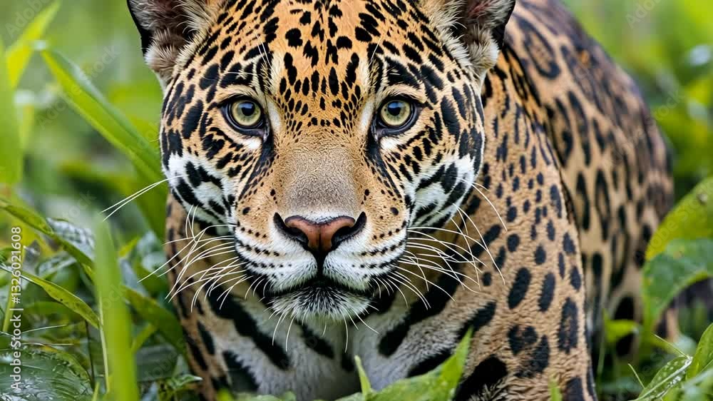 Jaguar prowls through lush green vegetation with intense gaze in a natural habitat Jaguar prowls through lush green vegetation with intense gaze in a natural habitat