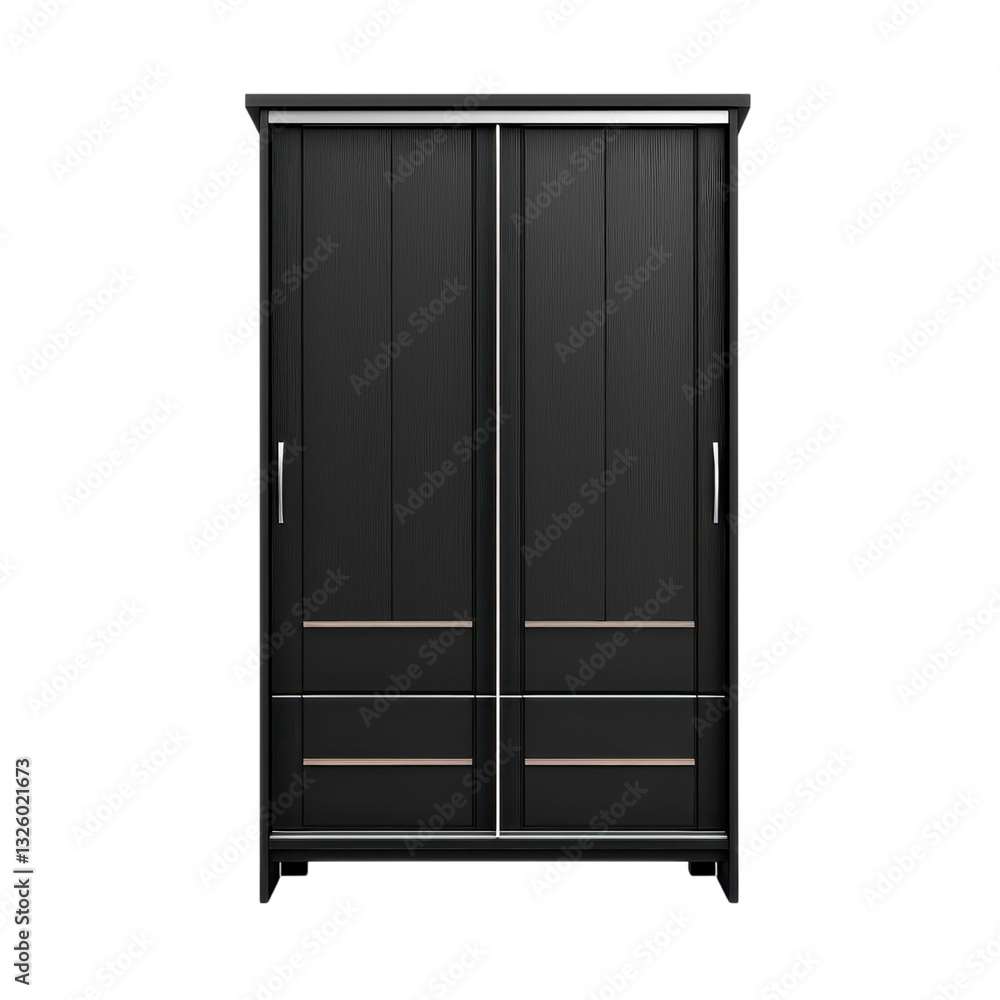 Modern black wardrobe with sliding doors and drawers. Furniture for bedroom or dressing room. Interior design concept. Modern black wardrobe with sliding doors and drawers. Furniture for bedroom or dressing room. Interior design concept.