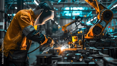 Fusion of Man and Machine in Captivating Industrial Symphony A state of the art car parts manufacturing facility showcases robotic welding creating a mesmerizing interplay of light and shadow